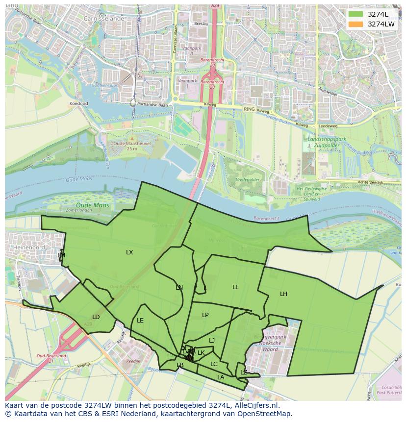 Afbeelding van het postcodegebied 3274 LW op de kaart.