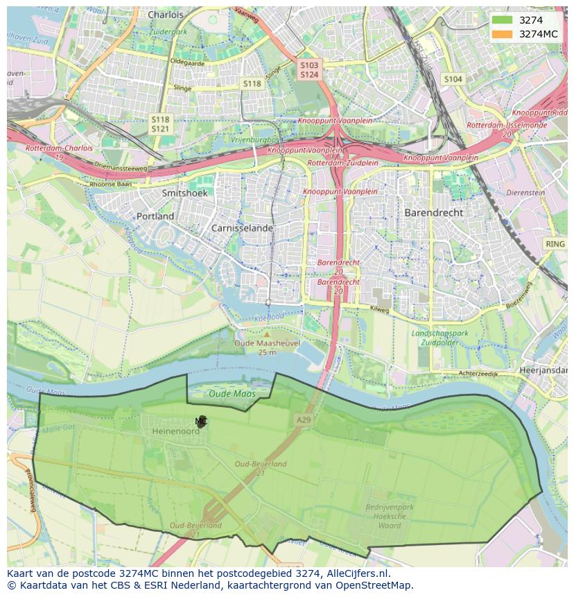 Afbeelding van het postcodegebied 3274 MC op de kaart.