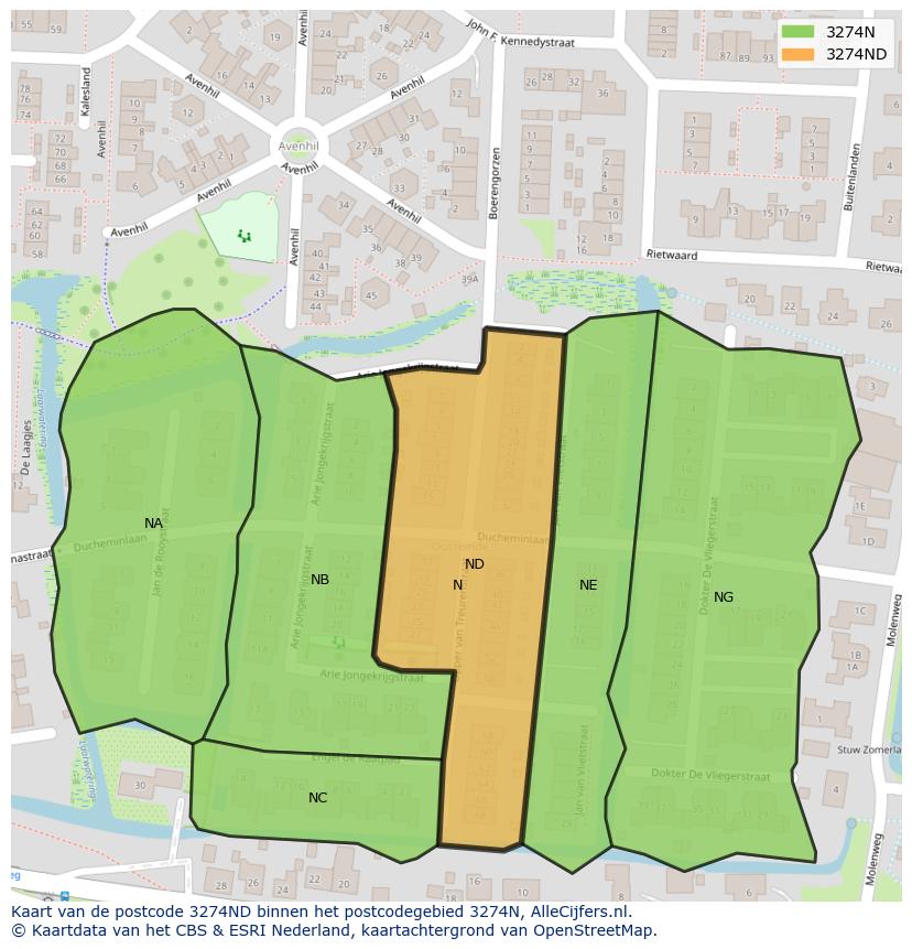 Afbeelding van het postcodegebied 3274 ND op de kaart.