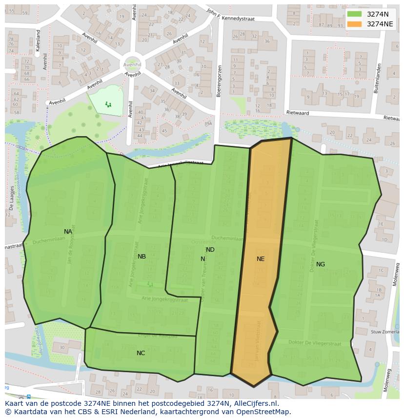 Afbeelding van het postcodegebied 3274 NE op de kaart.