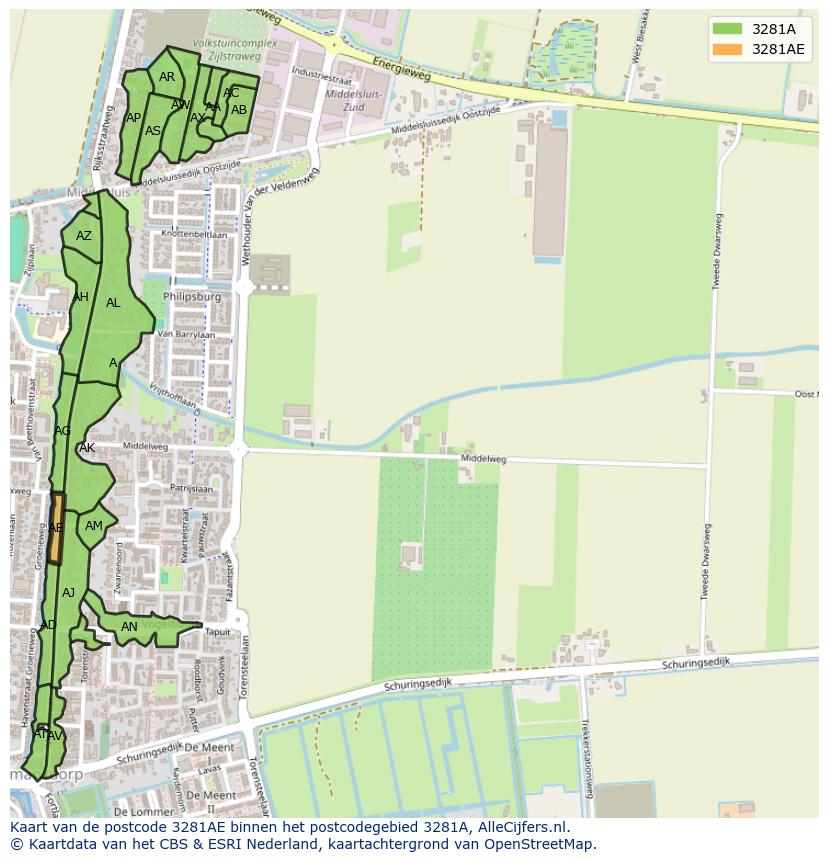 Afbeelding van het postcodegebied 3281 AE op de kaart.