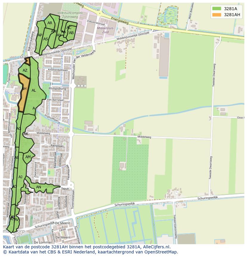 Afbeelding van het postcodegebied 3281 AH op de kaart.