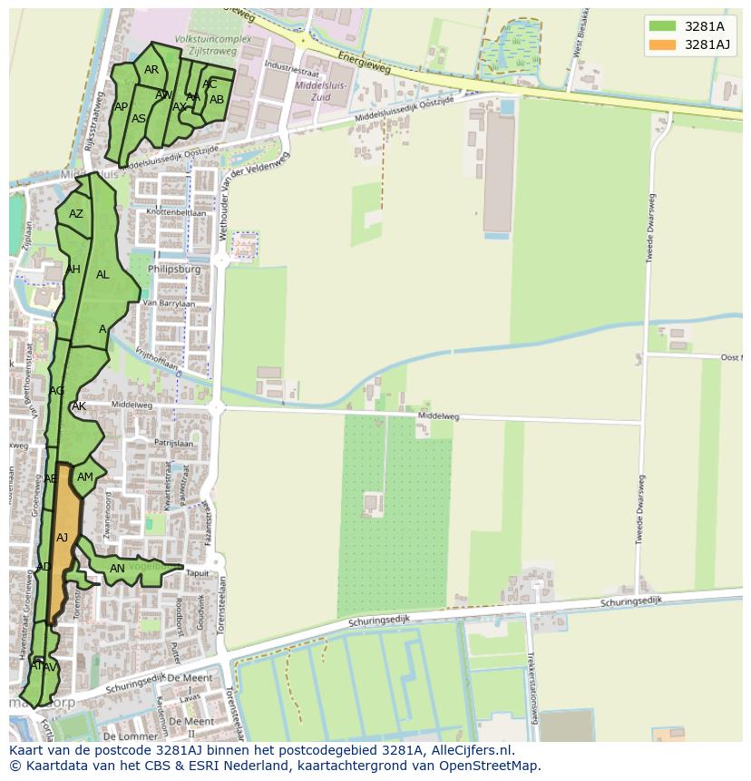 Afbeelding van het postcodegebied 3281 AJ op de kaart.