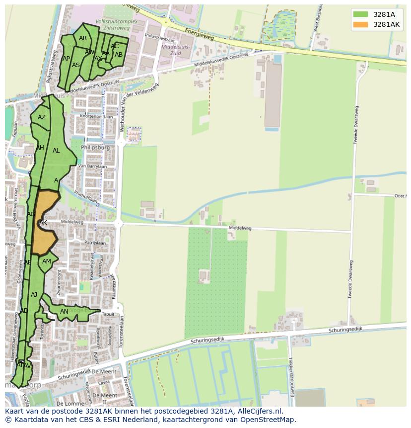 Afbeelding van het postcodegebied 3281 AK op de kaart.