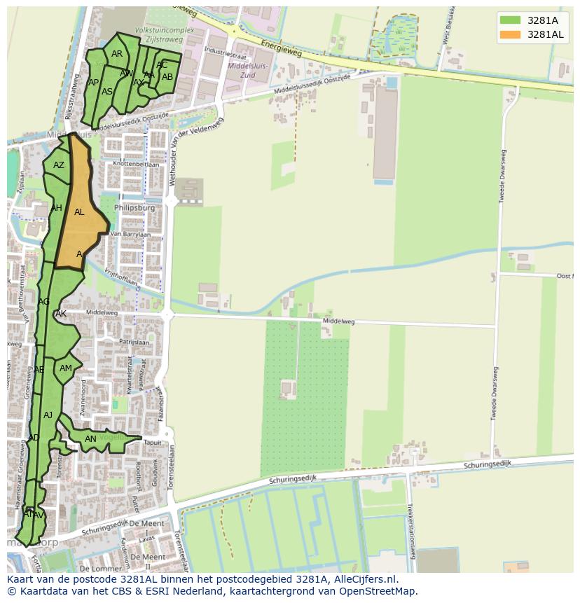Afbeelding van het postcodegebied 3281 AL op de kaart.