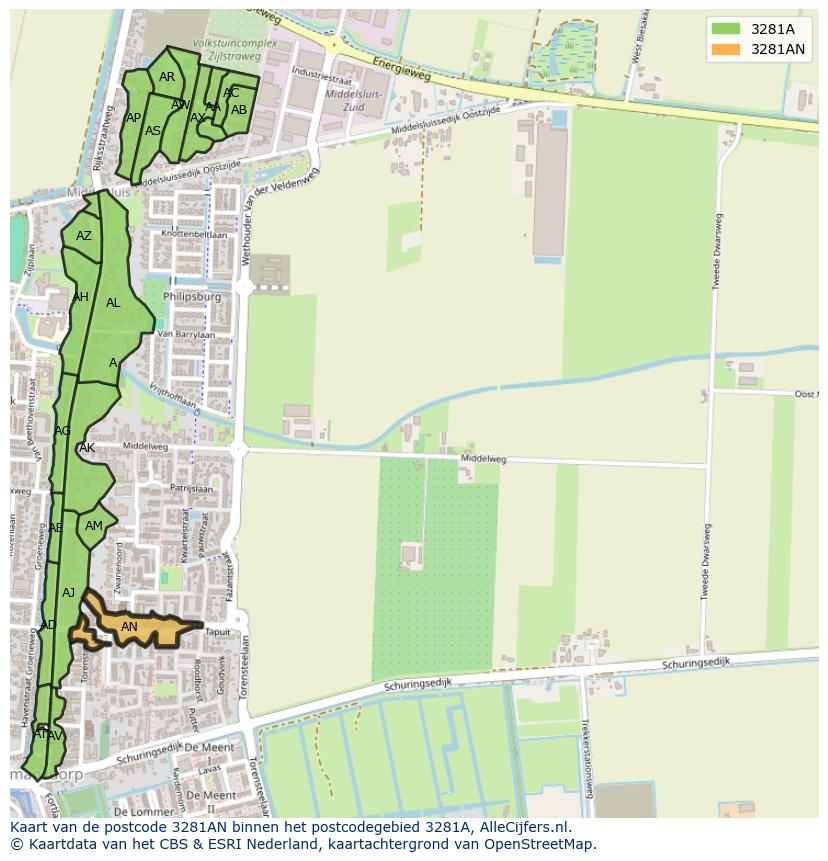 Afbeelding van het postcodegebied 3281 AN op de kaart.