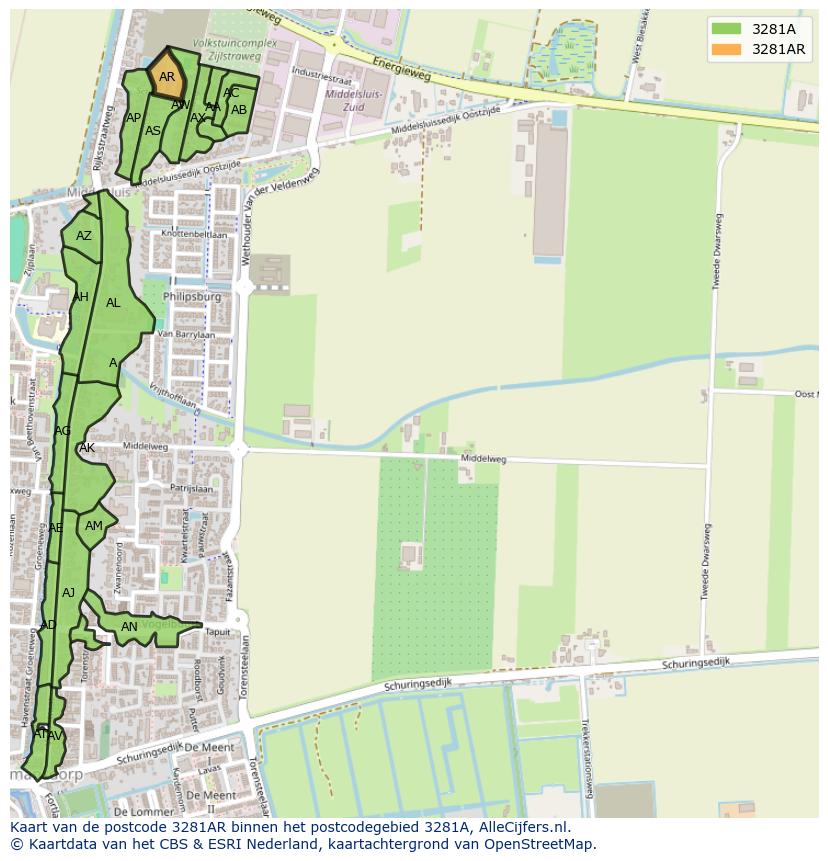 Afbeelding van het postcodegebied 3281 AR op de kaart.