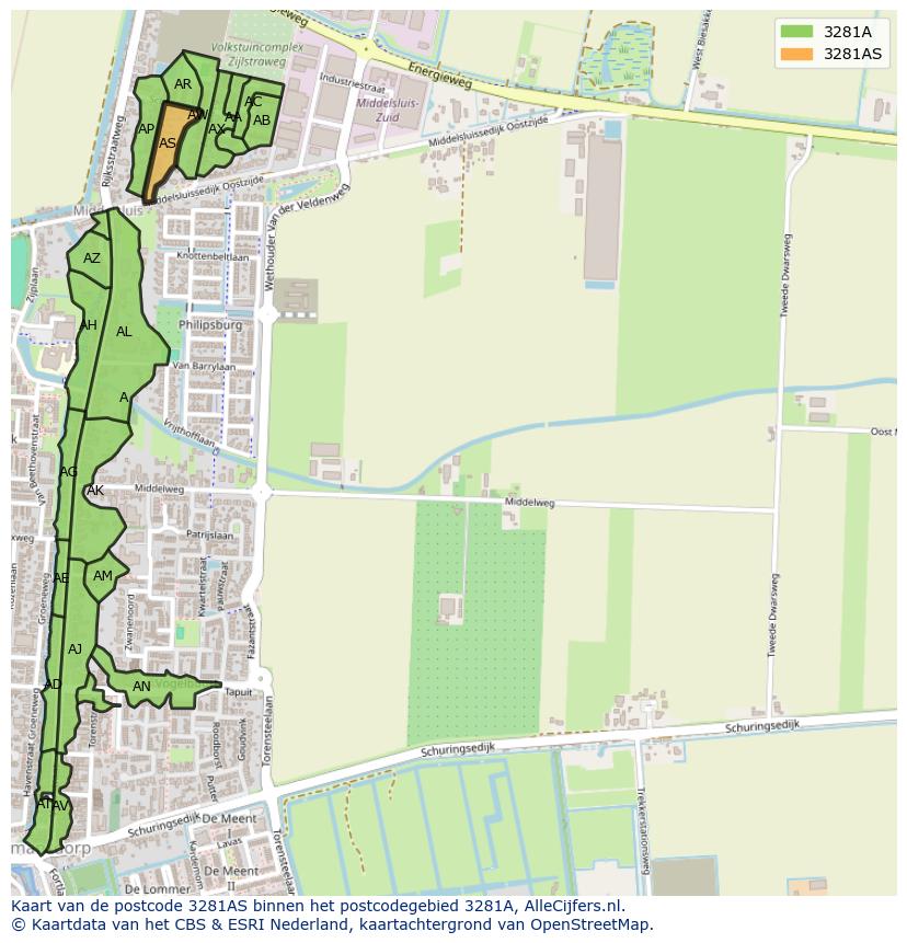 Afbeelding van het postcodegebied 3281 AS op de kaart.