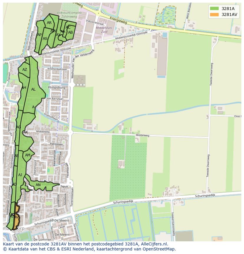 Afbeelding van het postcodegebied 3281 AV op de kaart.