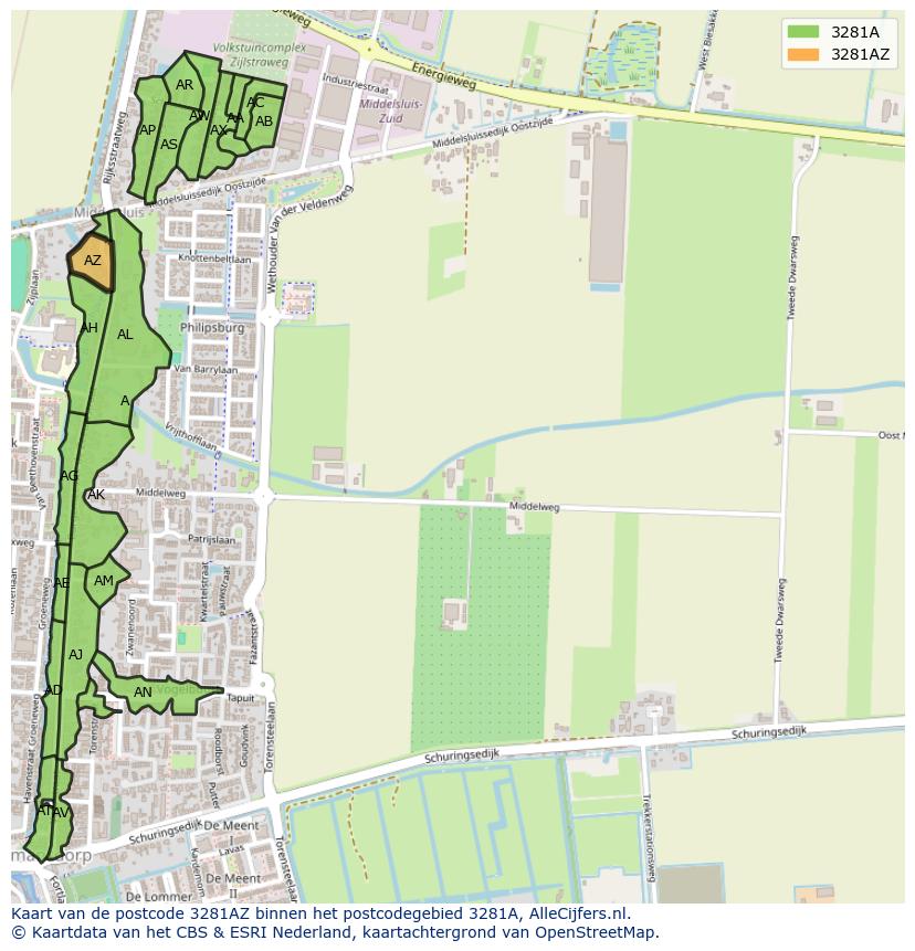 Afbeelding van het postcodegebied 3281 AZ op de kaart.