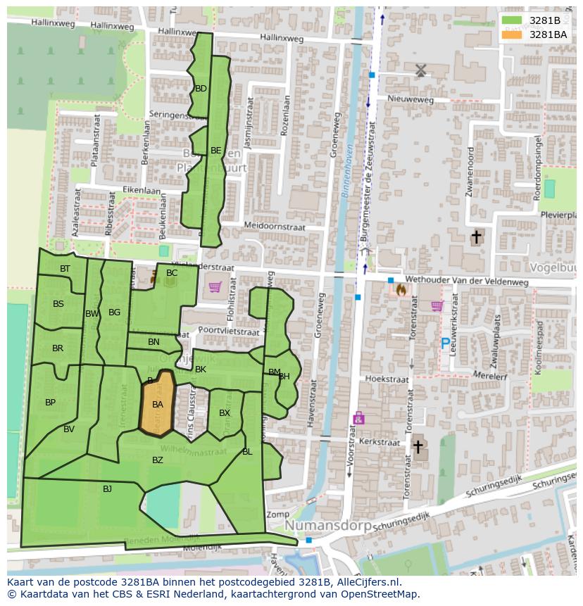 Afbeelding van het postcodegebied 3281 BA op de kaart.