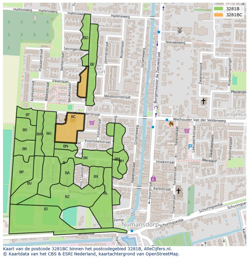 Afbeelding van het postcodegebied 3281 BC op de kaart.