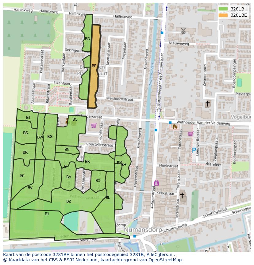 Afbeelding van het postcodegebied 3281 BE op de kaart.