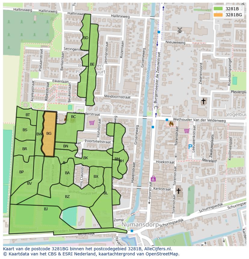 Afbeelding van het postcodegebied 3281 BG op de kaart.