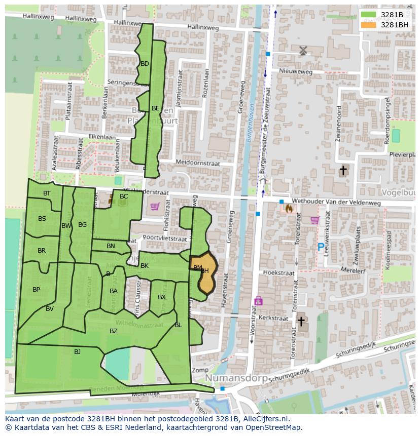 Afbeelding van het postcodegebied 3281 BH op de kaart.