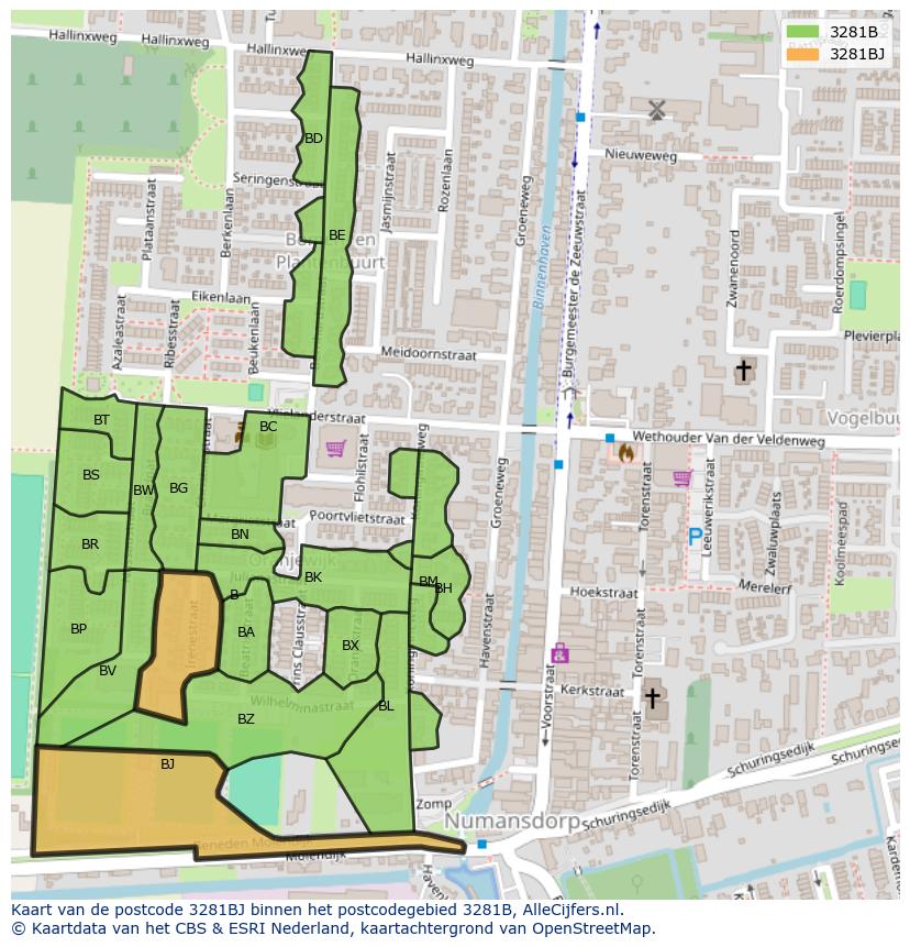 Afbeelding van het postcodegebied 3281 BJ op de kaart.