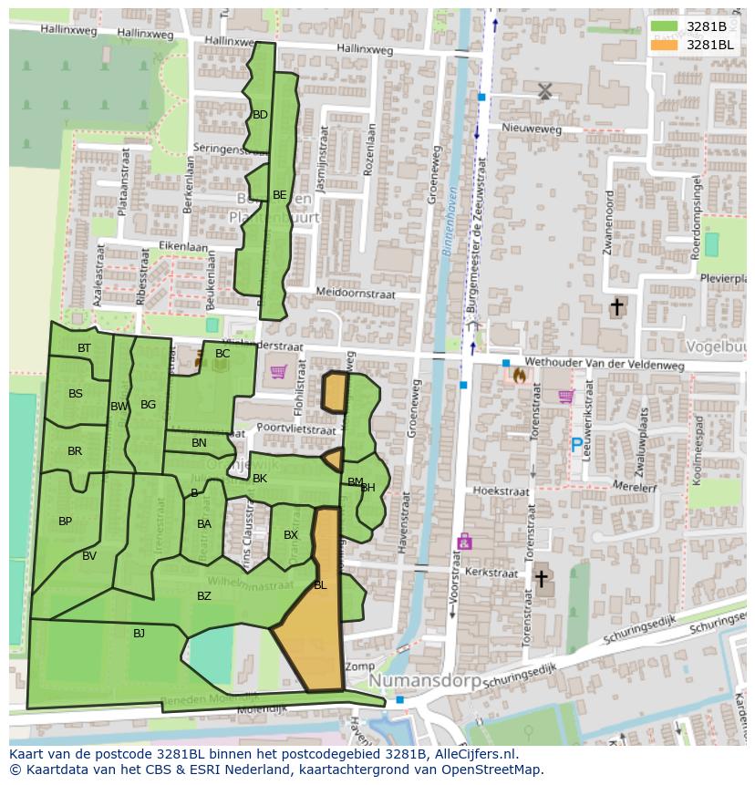 Afbeelding van het postcodegebied 3281 BL op de kaart.