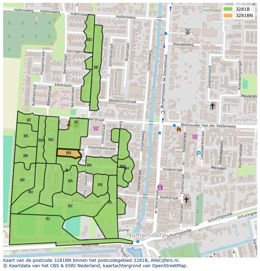 Afbeelding van het postcodegebied 3281 BN op de kaart.