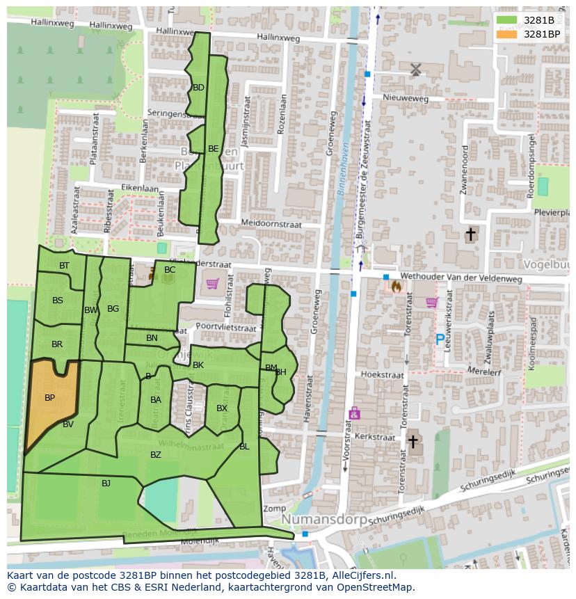 Afbeelding van het postcodegebied 3281 BP op de kaart.