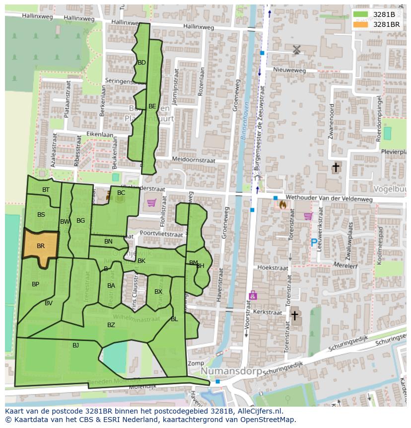 Afbeelding van het postcodegebied 3281 BR op de kaart.