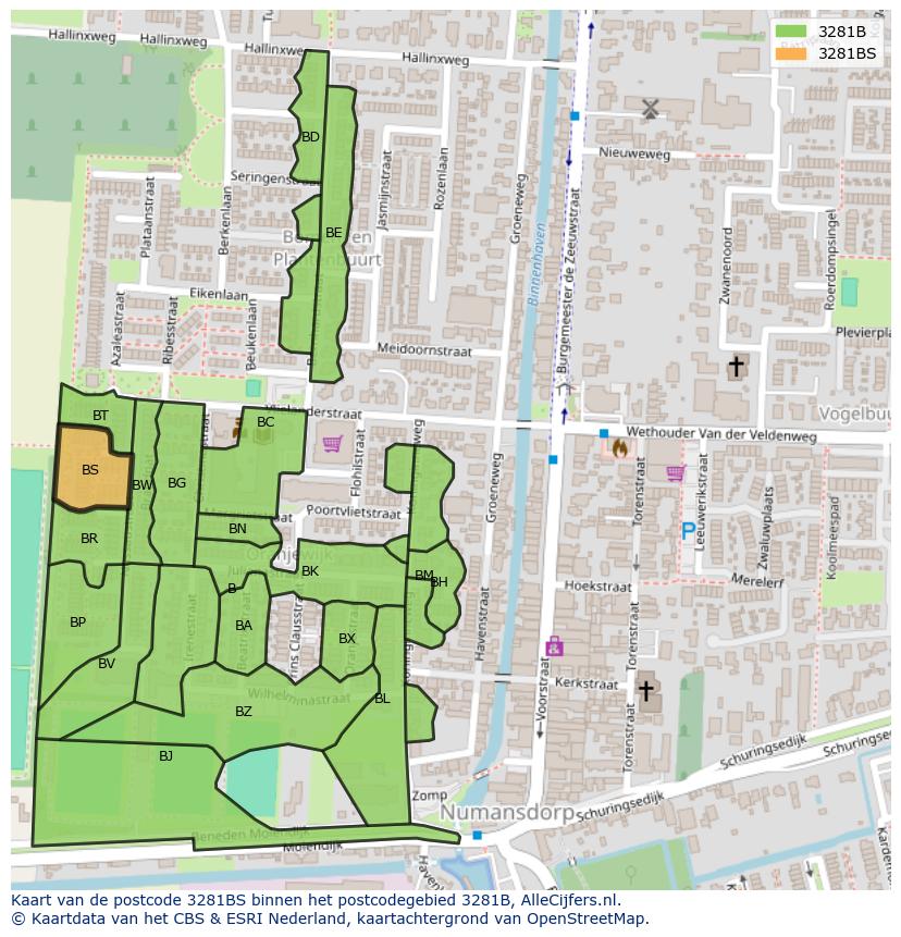 Afbeelding van het postcodegebied 3281 BS op de kaart.