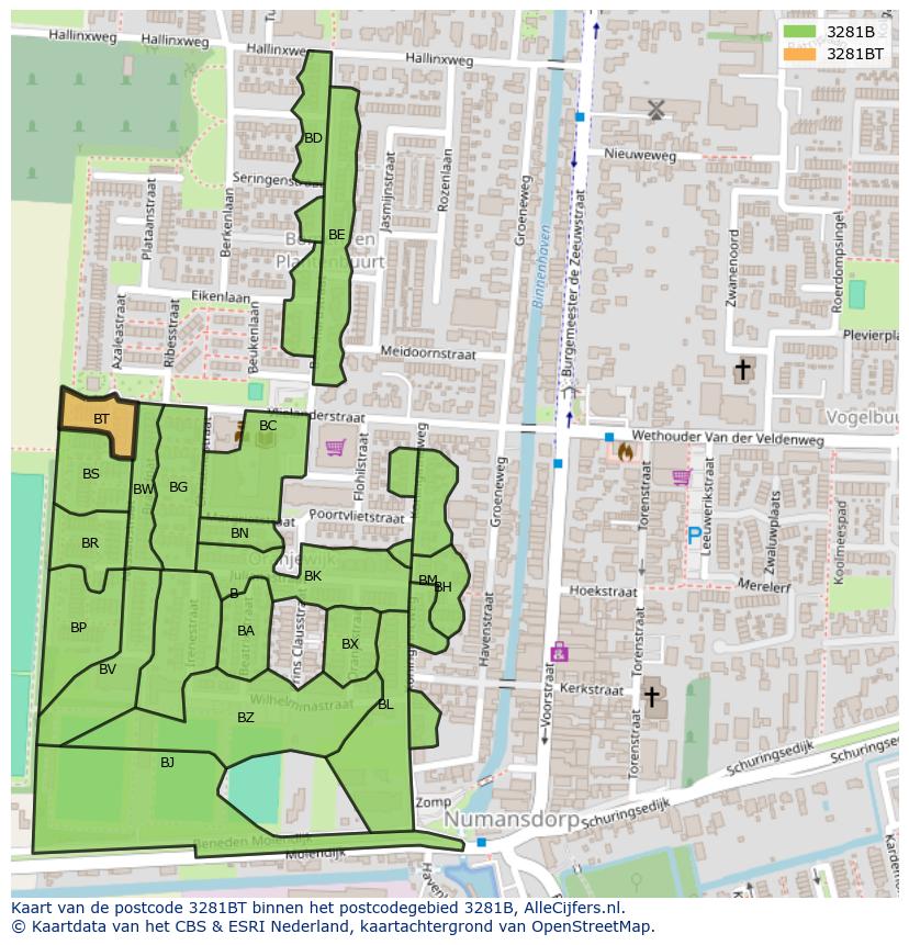 Afbeelding van het postcodegebied 3281 BT op de kaart.