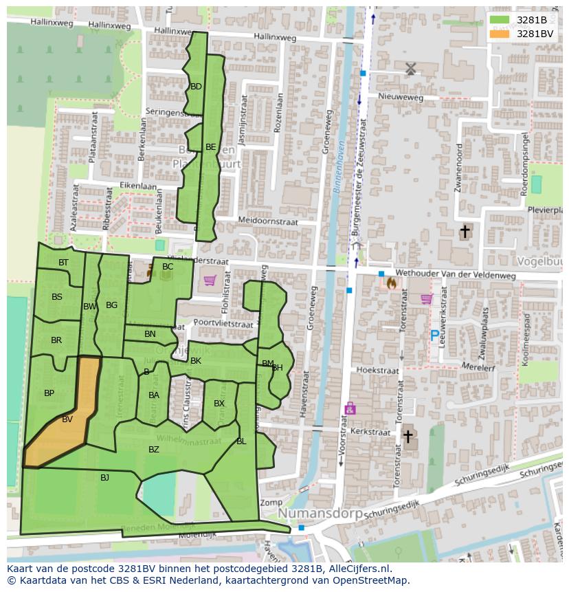 Afbeelding van het postcodegebied 3281 BV op de kaart.