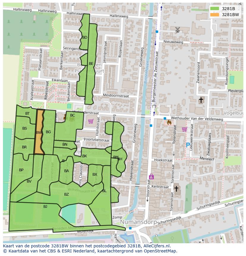 Afbeelding van het postcodegebied 3281 BW op de kaart.