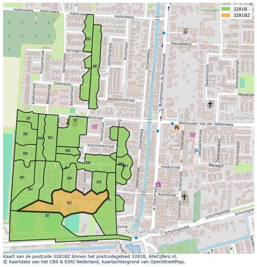Afbeelding van het postcodegebied 3281 BZ op de kaart.