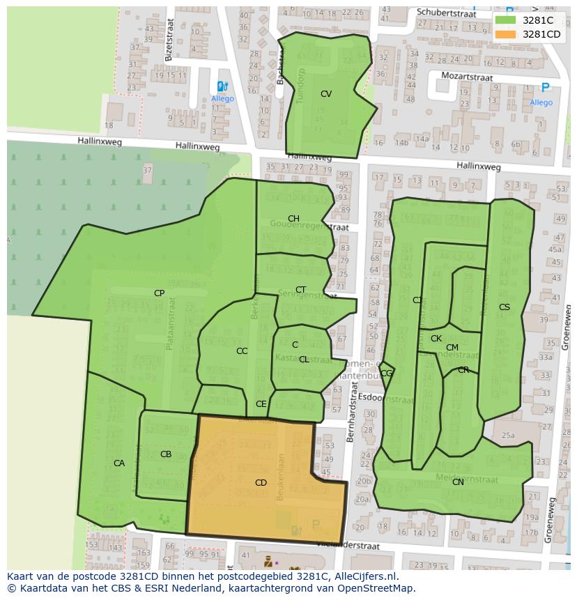 Afbeelding van het postcodegebied 3281 CD op de kaart.