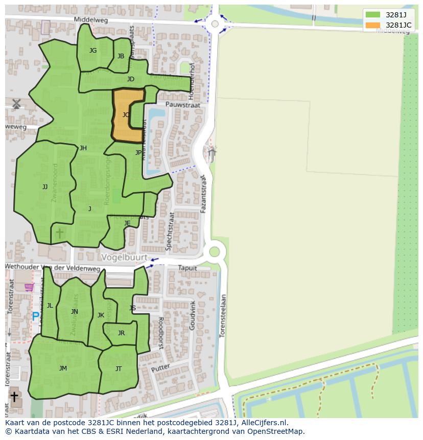 Afbeelding van het postcodegebied 3281 JC op de kaart.