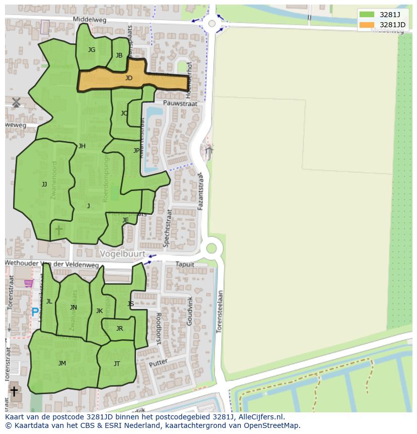 Afbeelding van het postcodegebied 3281 JD op de kaart.