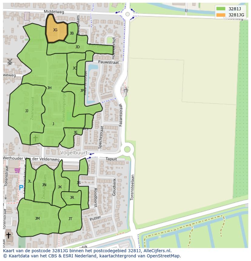 Afbeelding van het postcodegebied 3281 JG op de kaart.