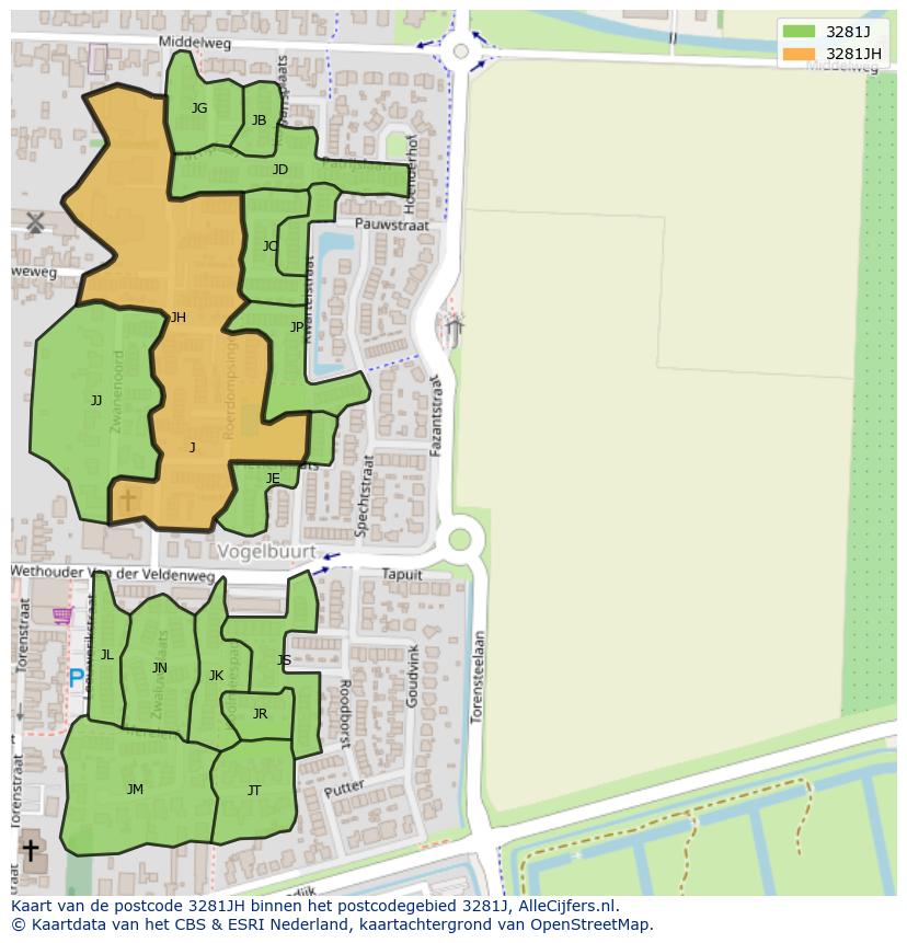 Afbeelding van het postcodegebied 3281 JH op de kaart.