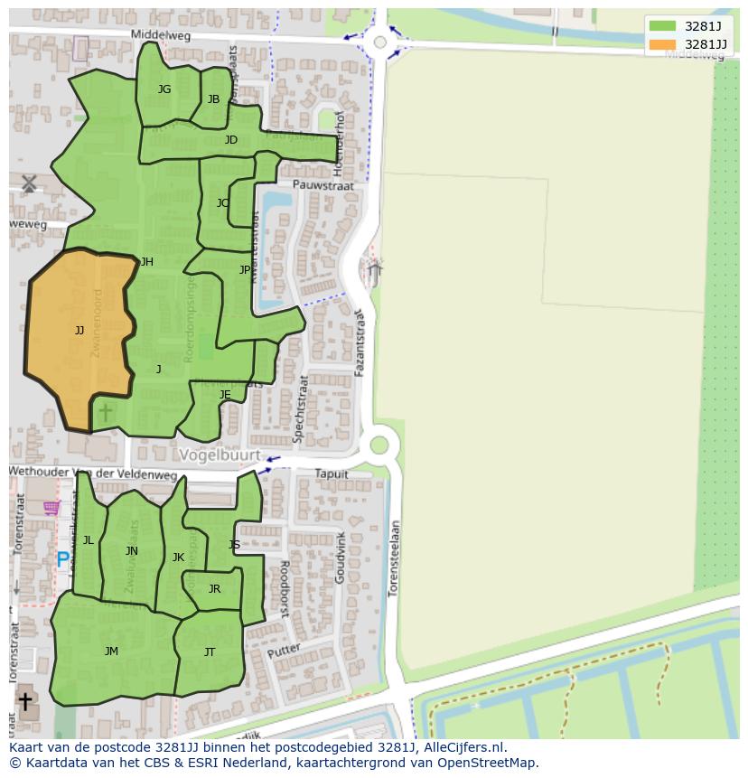 Afbeelding van het postcodegebied 3281 JJ op de kaart.