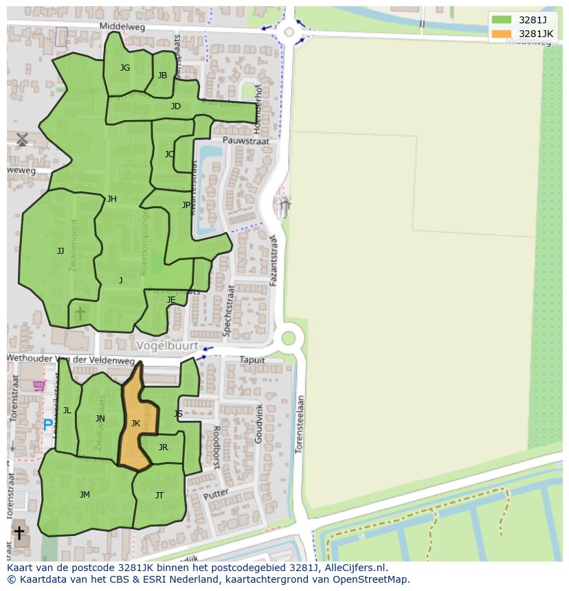 Afbeelding van het postcodegebied 3281 JK op de kaart.