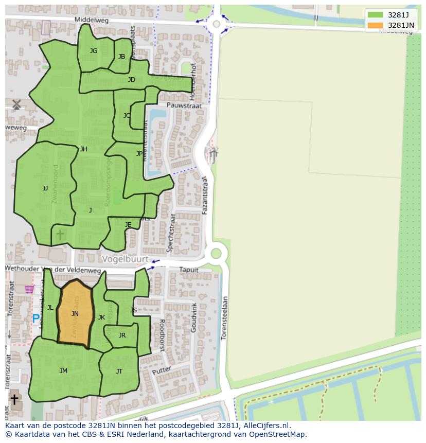 Afbeelding van het postcodegebied 3281 JN op de kaart.