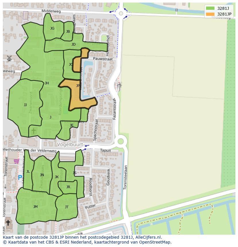 Afbeelding van het postcodegebied 3281 JP op de kaart.