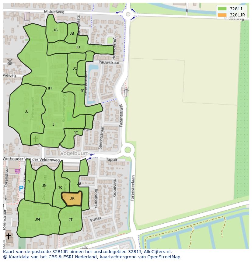 Afbeelding van het postcodegebied 3281 JR op de kaart.