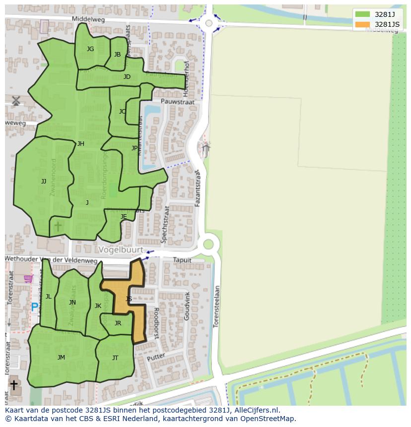 Afbeelding van het postcodegebied 3281 JS op de kaart.
