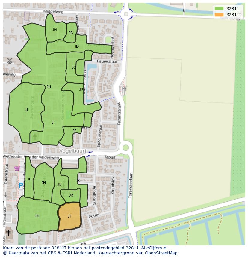 Afbeelding van het postcodegebied 3281 JT op de kaart.