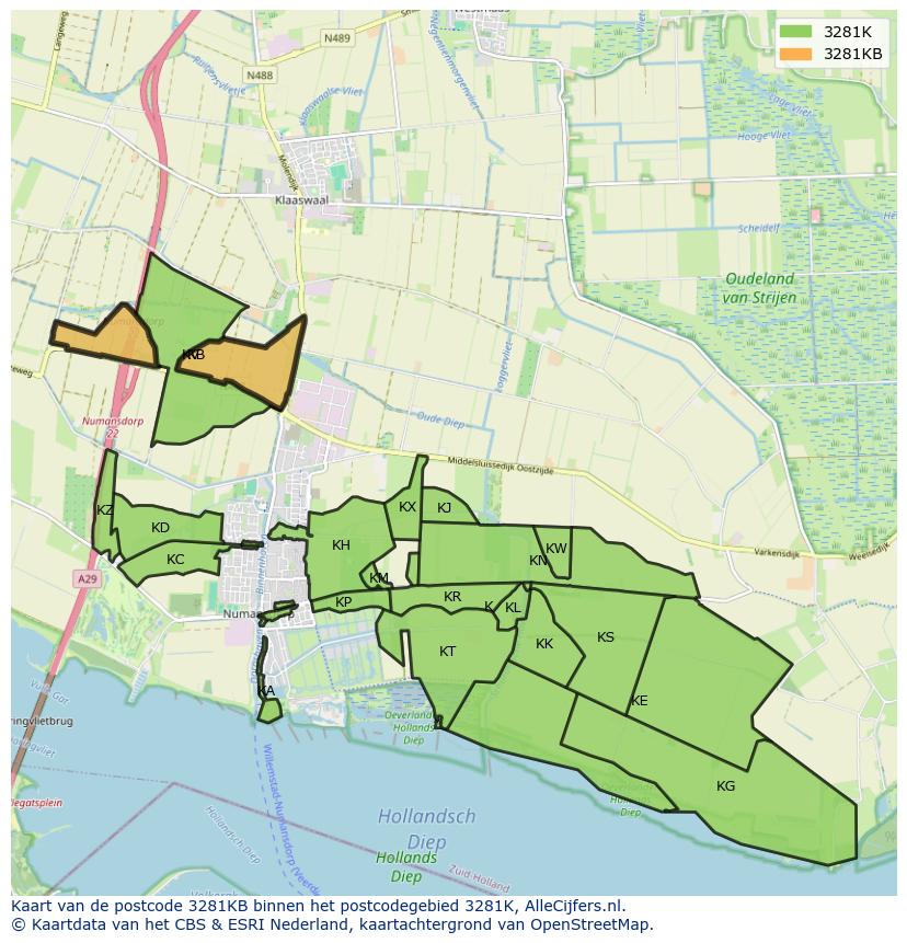 Afbeelding van het postcodegebied 3281 KB op de kaart.