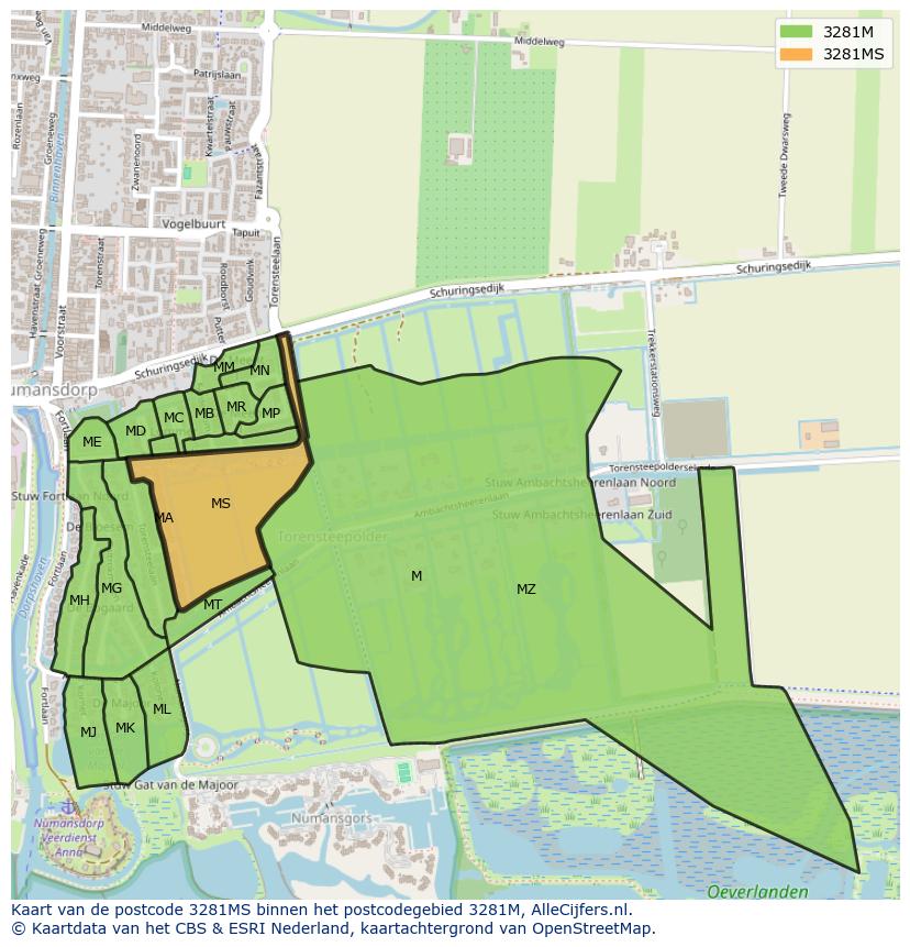 Afbeelding van het postcodegebied 3281 MS op de kaart.