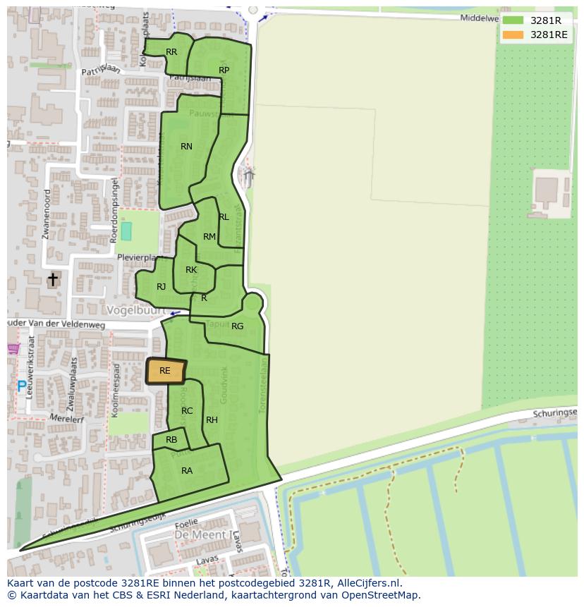 Afbeelding van het postcodegebied 3281 RE op de kaart.