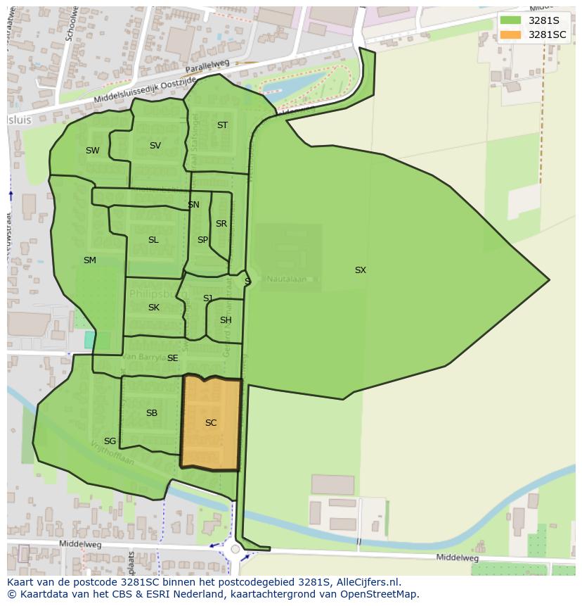 Afbeelding van het postcodegebied 3281 SC op de kaart.