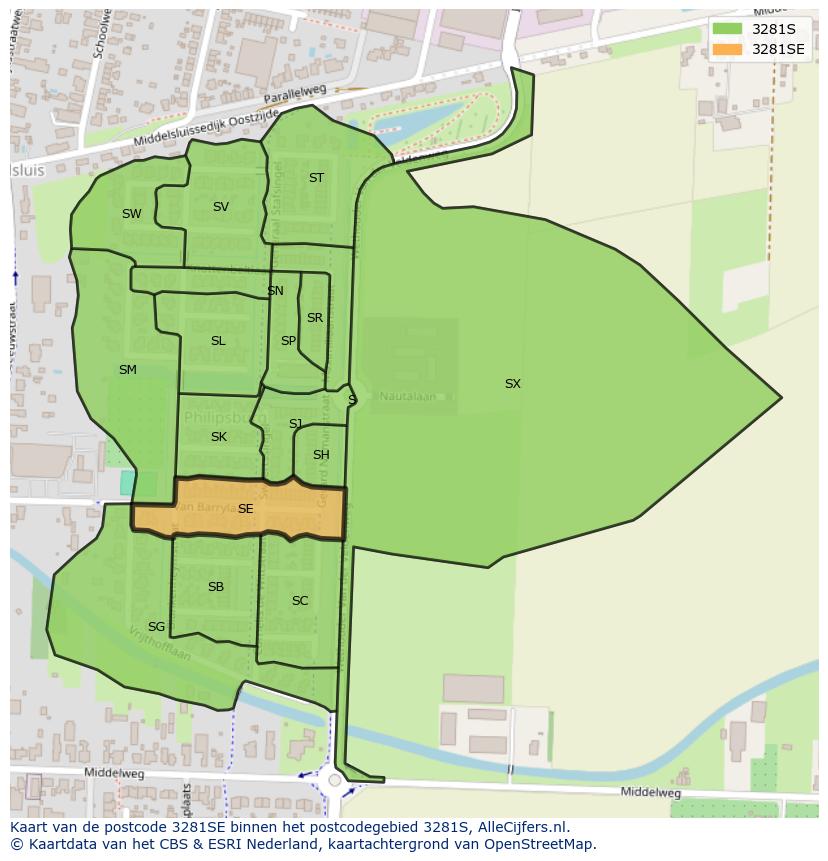 Afbeelding van het postcodegebied 3281 SE op de kaart.