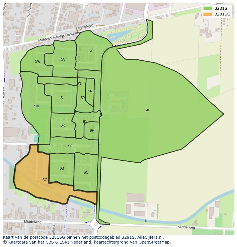 Afbeelding van het postcodegebied 3281 SG op de kaart.