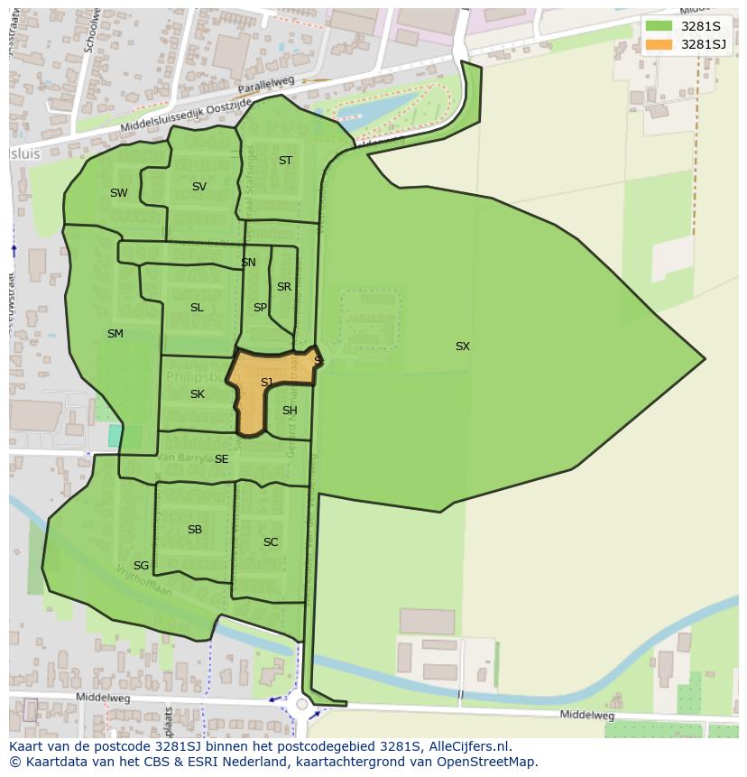 Afbeelding van het postcodegebied 3281 SJ op de kaart.