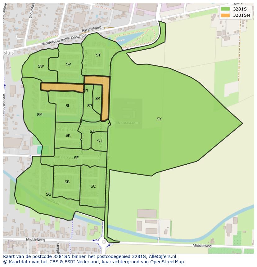 Afbeelding van het postcodegebied 3281 SN op de kaart.