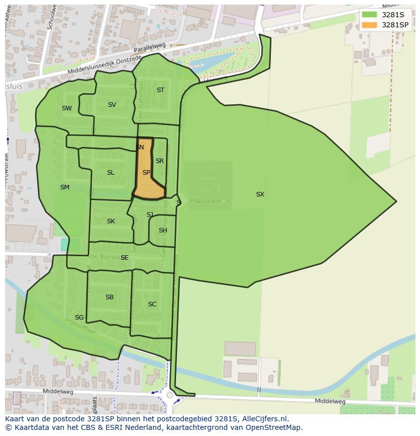 Afbeelding van het postcodegebied 3281 SP op de kaart.